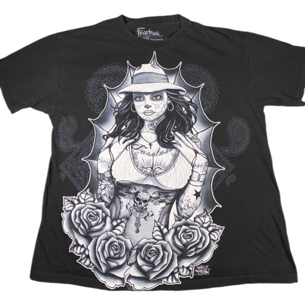 Fearless T-Shirt Men’s Large Black Made in USA Tattooed Woman Back Spell Out Y2K